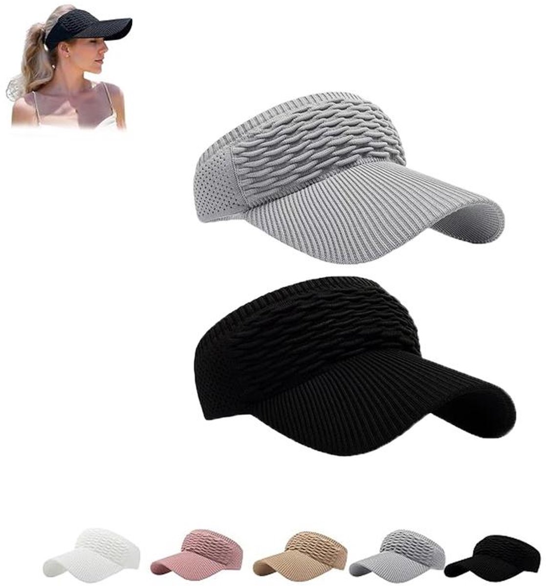 KZQ Zonnehoed - Brede rand, UV-bescherming - Gebreide, sneldrogende hardloopmuts - Met opening voor een paardenstaart - Unisex, geschikt voor strand en sport - Zwart en grijs - One size fits all