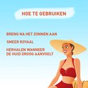 Een vrouw met grote hoed en rode bikini lacht. Tekst: 'HOE TE GEBRUIKEN', 'BRENG NA HET ZONNEN AAN', 'SMEER ROYAAL', 'HERHALEN WANNEER DE HUID DROOG AANVOELT'.