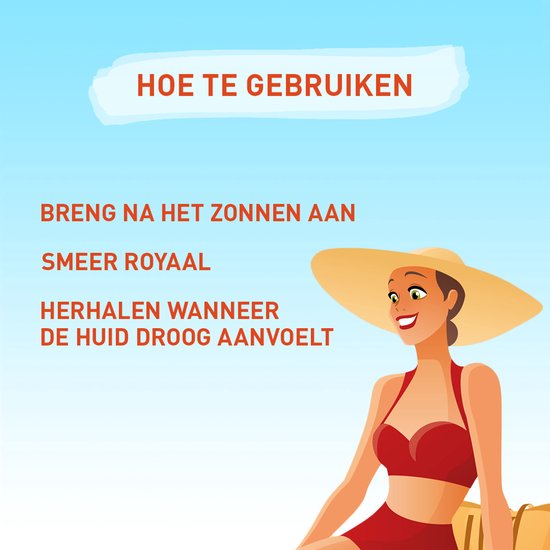 Een vrouw met grote hoed en rode bikini lacht. Tekst: 'HOE TE GEBRUIKEN', 'BRENG NA HET ZONNEN AAN', 'SMEER ROYAAL', 'HERHALEN WANNEER DE HUID DROOG AANVOELT'.