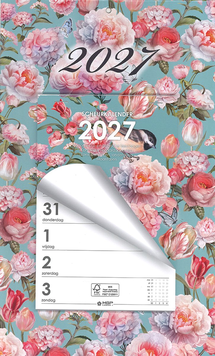 MGPcards - Week Scheurkalender 2027 - Week begint op maandag - 21 x 34 cm - Lichtblauw - Bloemen