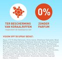 Een schildpad en "0% zonder parfum" op een oranje cirkel. Tekst "Ter bescherming van koraalriffen".