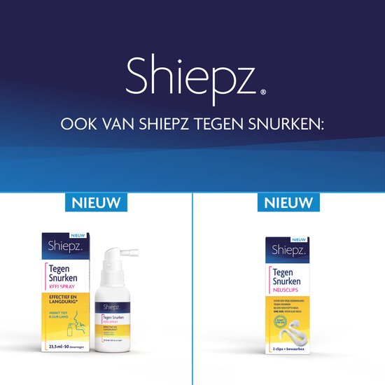 Shiepz. Ook van Shiepz tegen snurken: Neusspray en Neusclips. Nieuw. Effectief en langdurig. Werkt tot 8 uur lang.