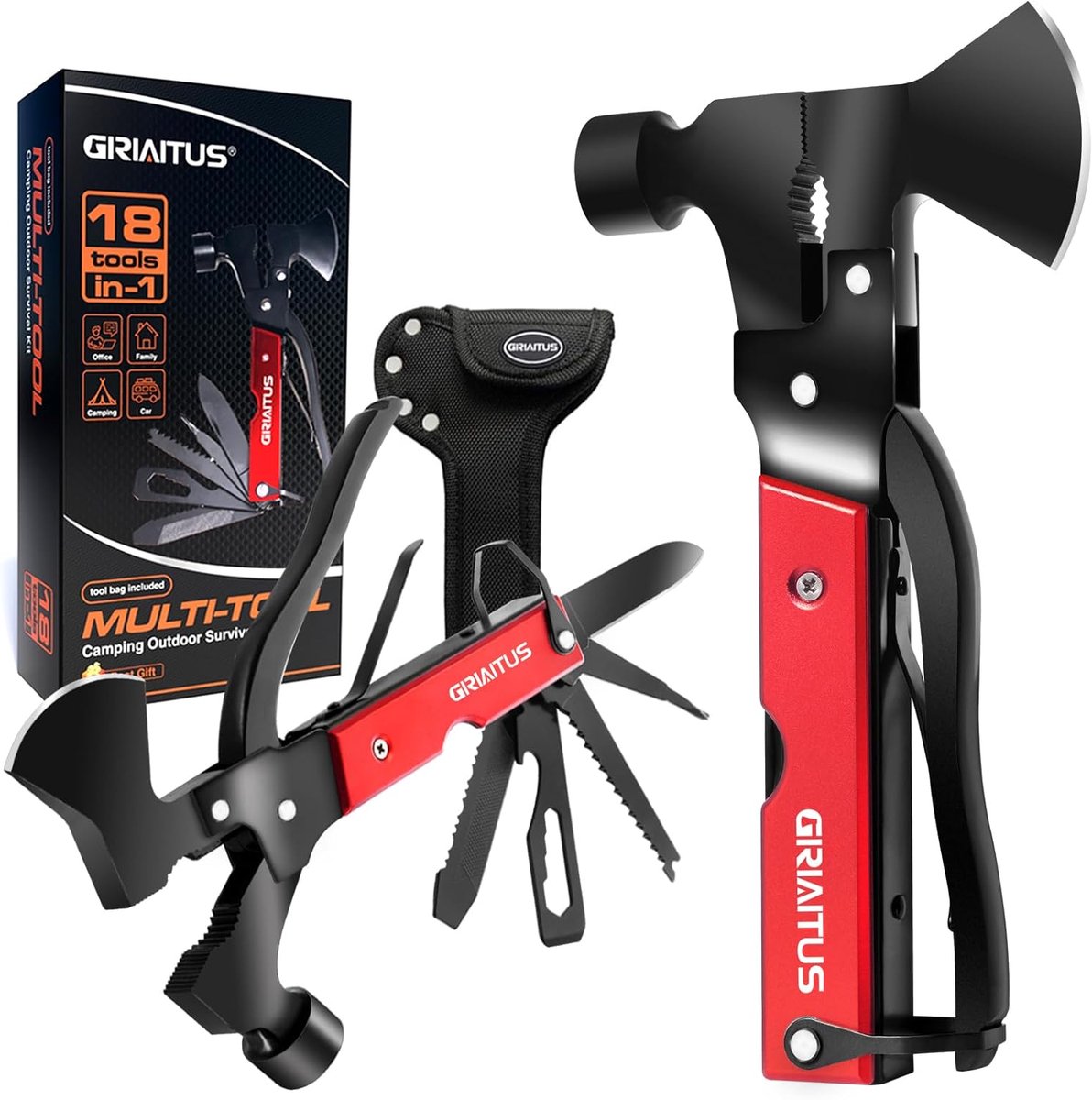 Camping Multitool 18-in-1 – RVS Survivaltool met Bijl, Hamer, Tang, Zaag en Draagtas – Rood