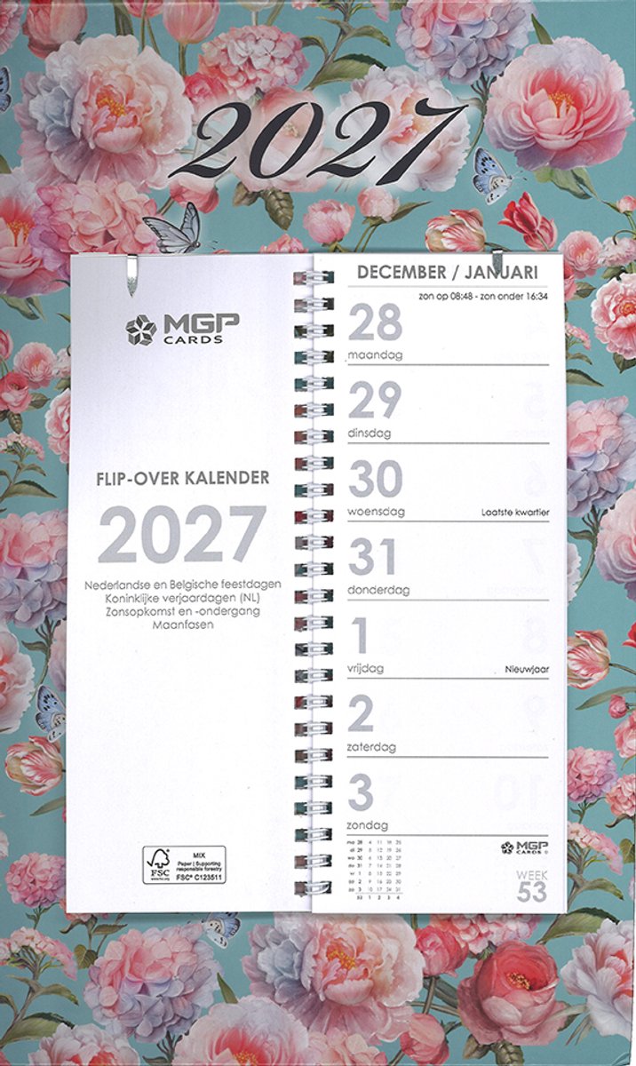 MGPcards - Omlegweekkalender 2027 - Week begint op maandag - Week kalender - 21 x 34 cm - Lichtblauw - Bloemen