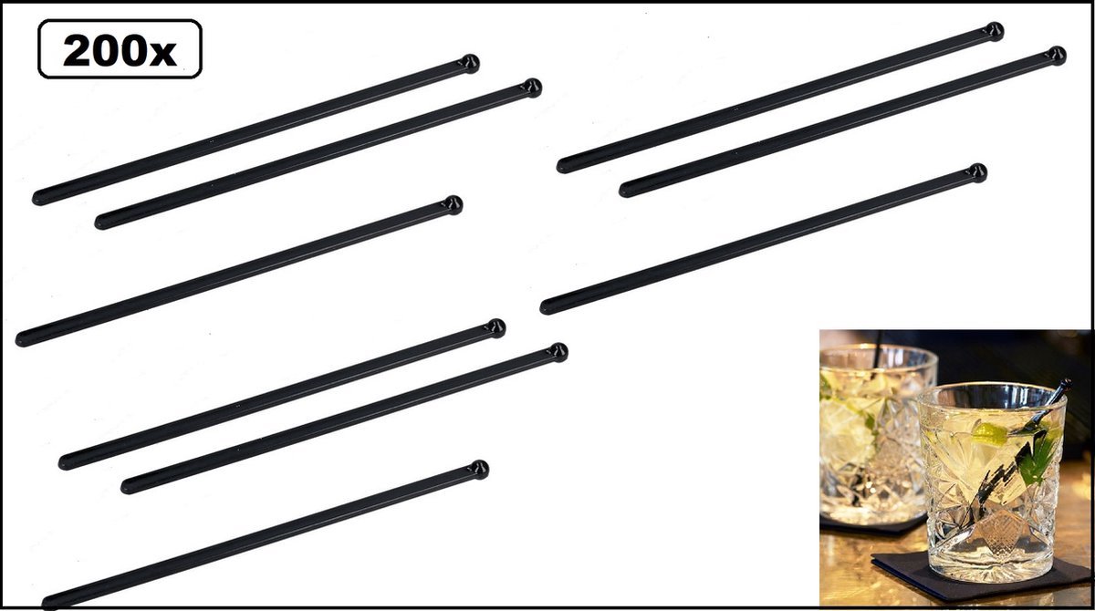 200x Cocktail stirrer zwart 165mm - Vaatwasser veilig - roerstaafjes Cocktail festival thema feest verjaardag drankje mix