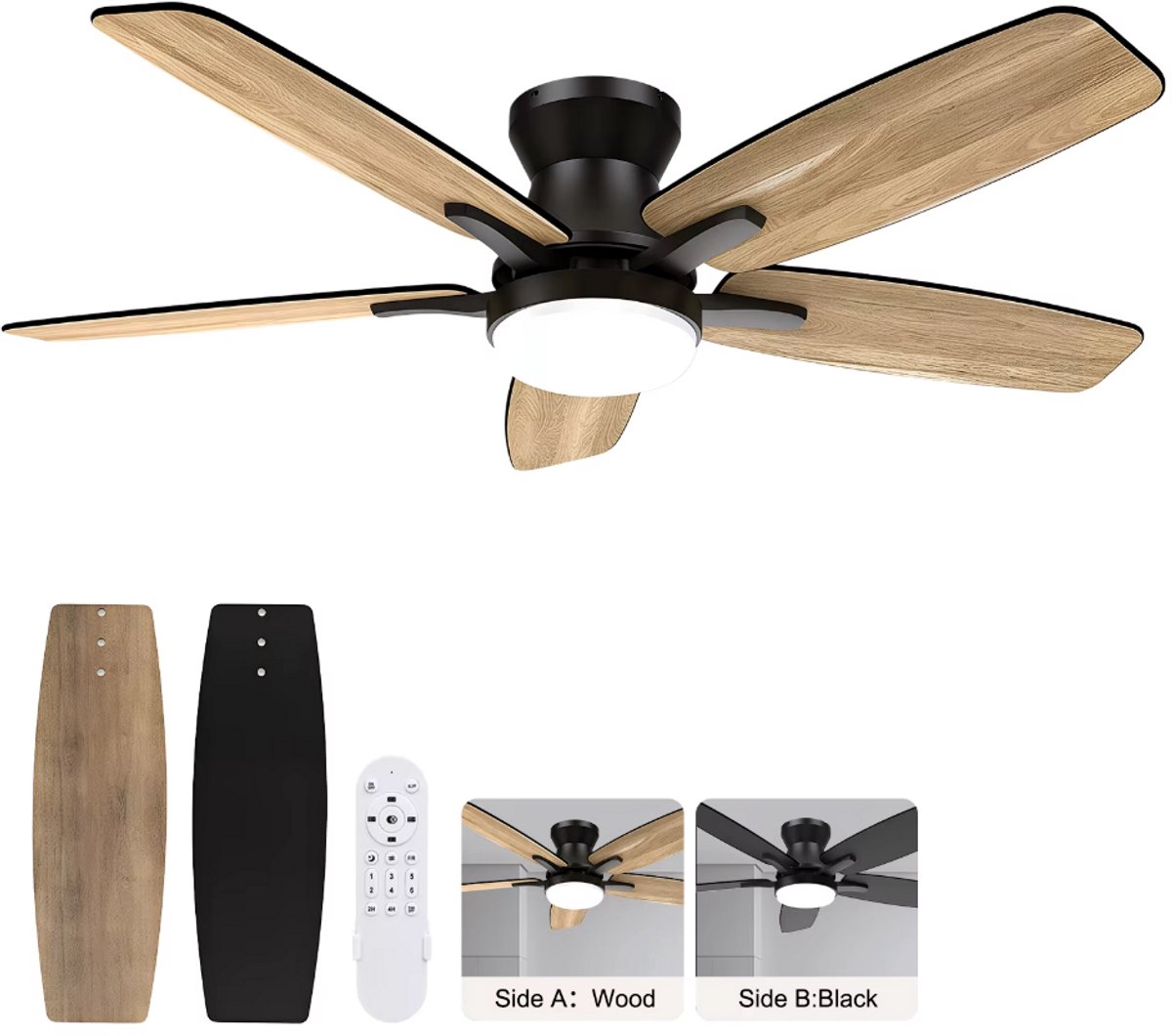 Plafondventilator met verlichting - Met Afstandsbediening - stille ventilator - 106 cm - plafondventilatoren - met 5 houten ventilatorbladen - houtnerf/zwart - voor slaapkamer en woonkamer – foto 4