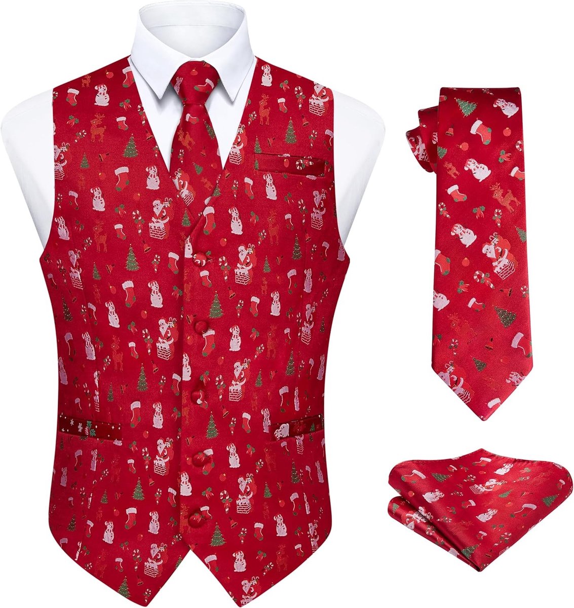 Festive Kerstvest voor Mannen met Stropdas en Pocket Square - Perfect voor Feestdagen en Speciale Gelegenheden