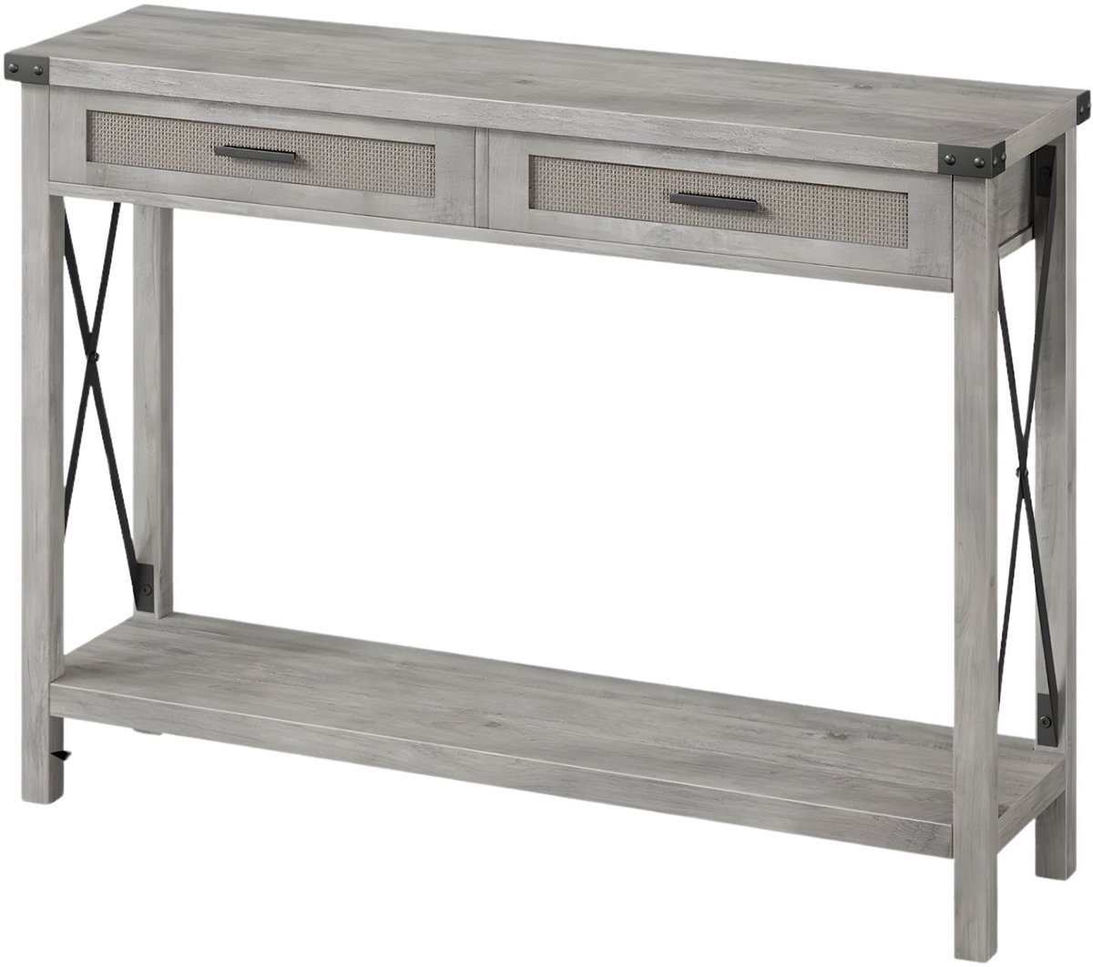Sidetable - Boho Console Tafel met 2 Rotan Lades en Opbergplanken, Smal - Grijs
