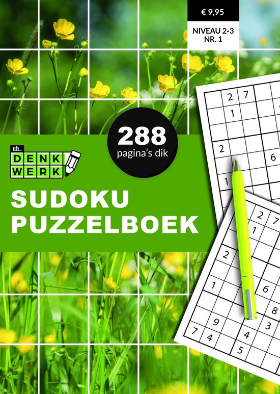 Sudoku Puzzelboek, 288 pagina's dik, niveau 2-3, nr. 1. Groene kaft met gele boterbloemen en een sudoku met gele pen.