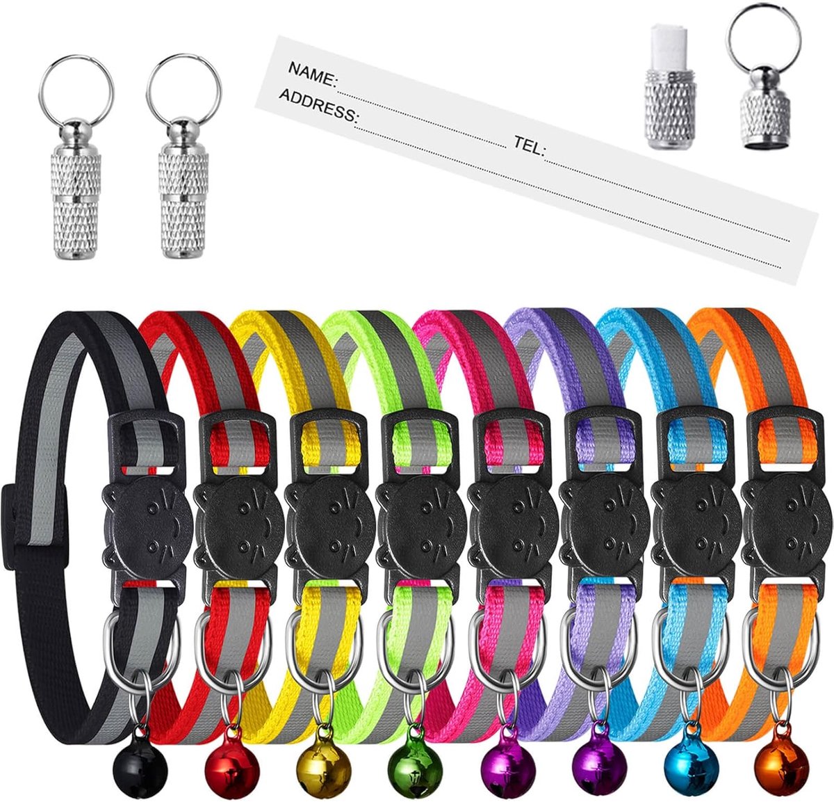 SnelShoppen - Reflecterende Kattenhalsbanden met Belletjes, Verstelbaar 17.5-30.5cm, 2-pack Anti-Lost Tags in 8 Kleuren, Veilig en Schattig Ontwerp vo