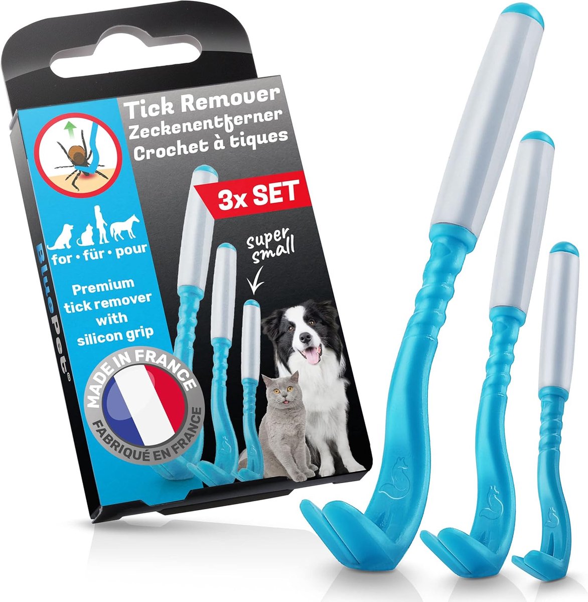 Thijox - Set van 3 Tekenhaken voor Honden, Katten, Paarden en Mensen - Premium Tekenverwijderaar - Alternatief voor Tekenpincet - Blauw - Ideaal voor