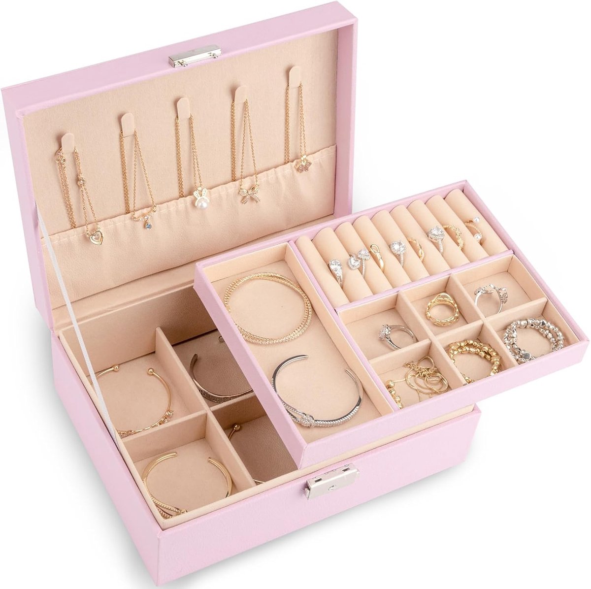Elegante 2-laagse sieradenbox van PU-leer met slot en verwijderbare tray, ideaal voor ringen, oorbellen, kettingen en armbanden, perfect voor vrouwen