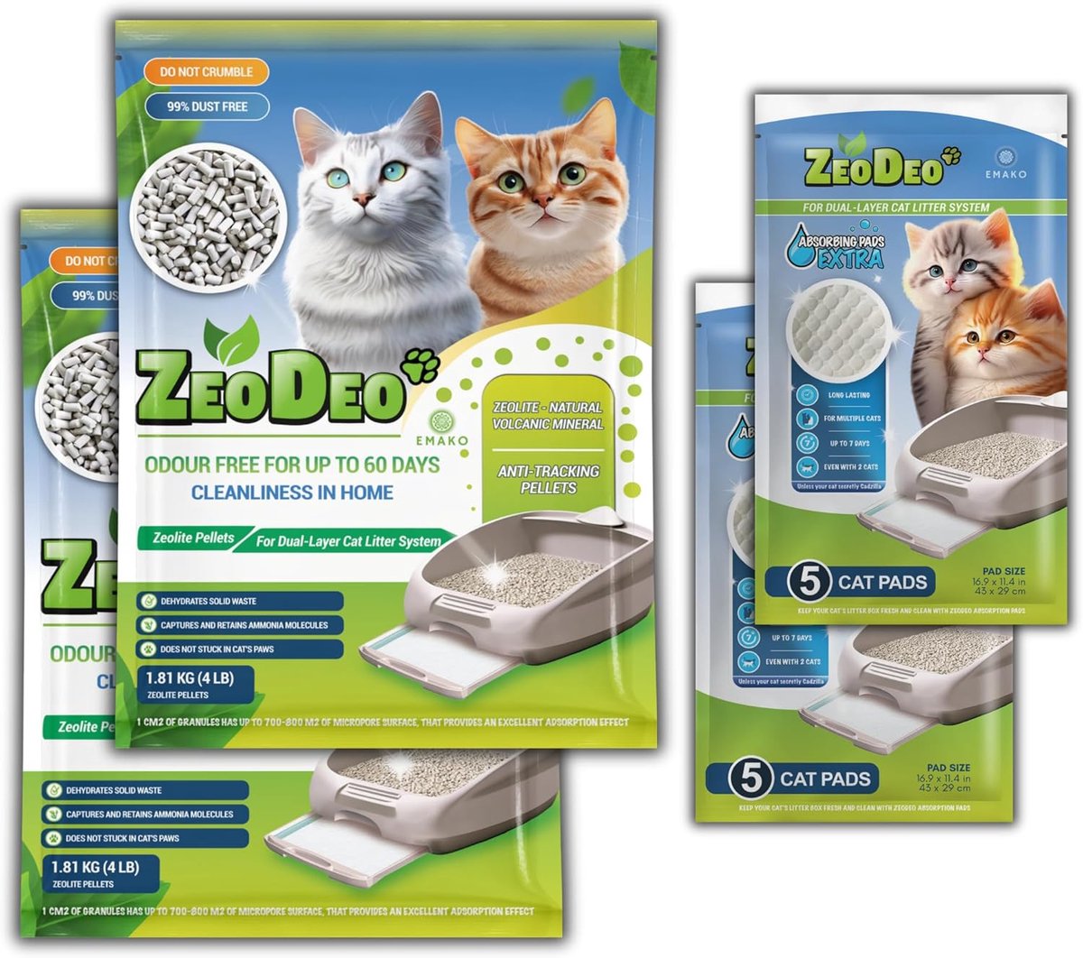 SnelShoppen - Kattenbak-pellets met natuurlijke zeoliet 3,6 kg + 10 extra pads voor dubbellaagse kattenstrooisystemen, geurabsorberend, klonterend, ec