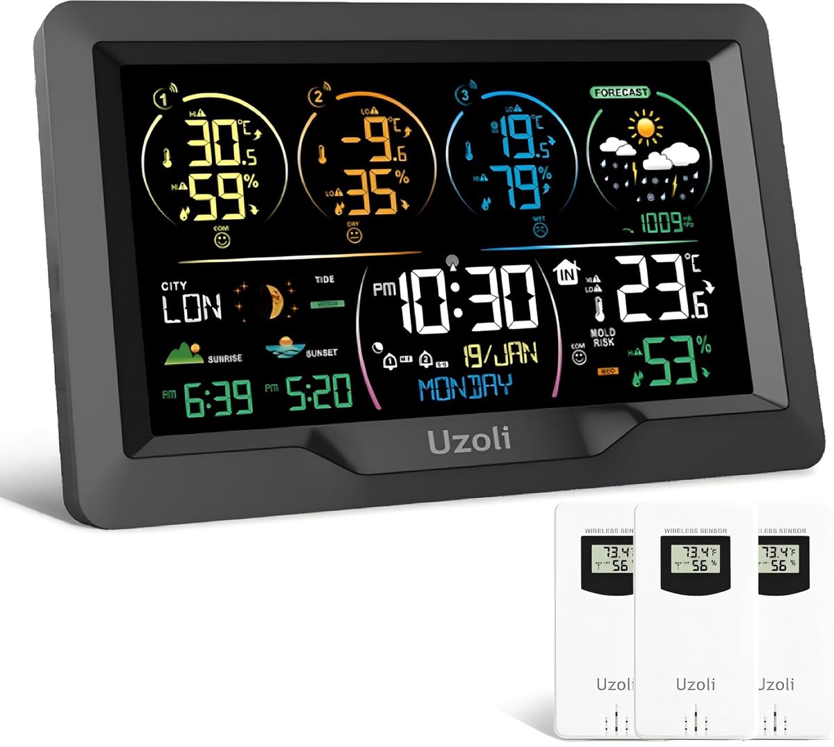 Thijox - Draadloos Weerstation met 3 Buitensensoren, DCF-Radioklok, Thermometer-Hygrometer, Alarm, Luchtdruk, Schimmelrisico, Kleurendisplay voor Thui