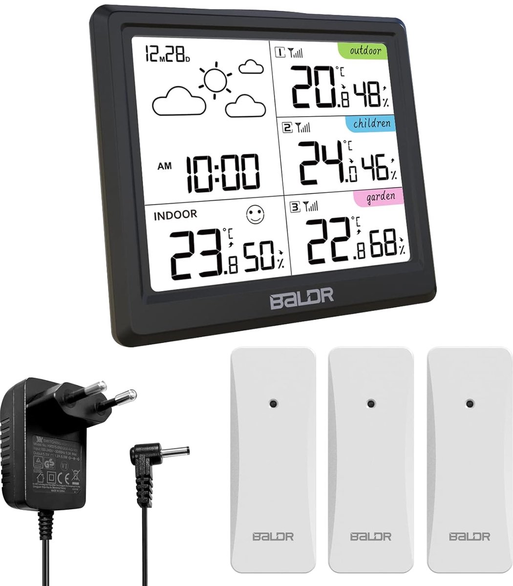 Thijox - Draadloos Weerstation met 3 Buitensensoren - Digitaal Temperatuur- en Luchtvochtigheidsmeter - Weersvoorspelling, Wekker en Tijdweergave voor