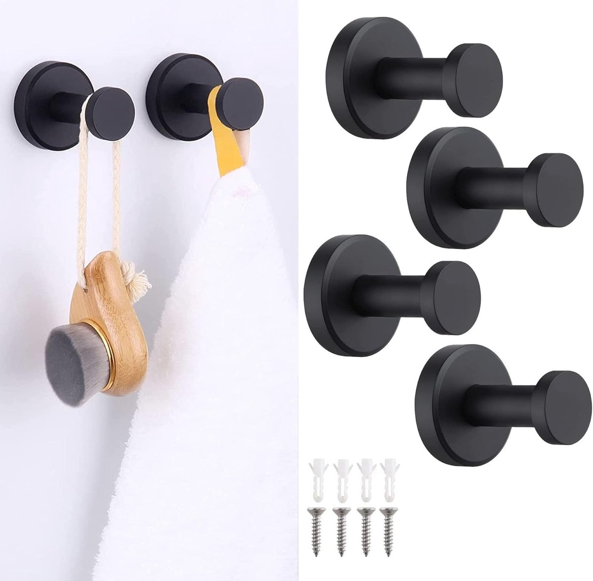 Wandkapstokken set van 4 - matte zwart met roestvrijstalen schroeven - 20 kg draagkracht - SnelShoppen