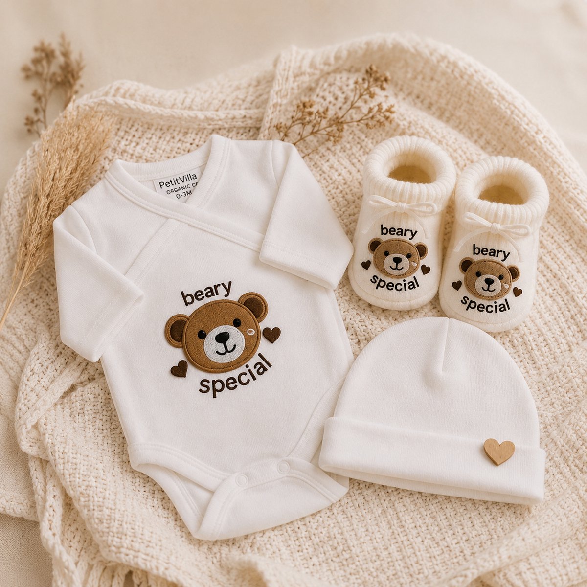 Blijeitje Kraamcadeau Baby Cadeauset Unisex beer in Luxe Cadeauverpakking - Babyshower Cadeau - Gender Reveal Cadeau - Newborn Geschenk - Romper, Muts & Babyslofjes - 0-3 Maanden – foto 4