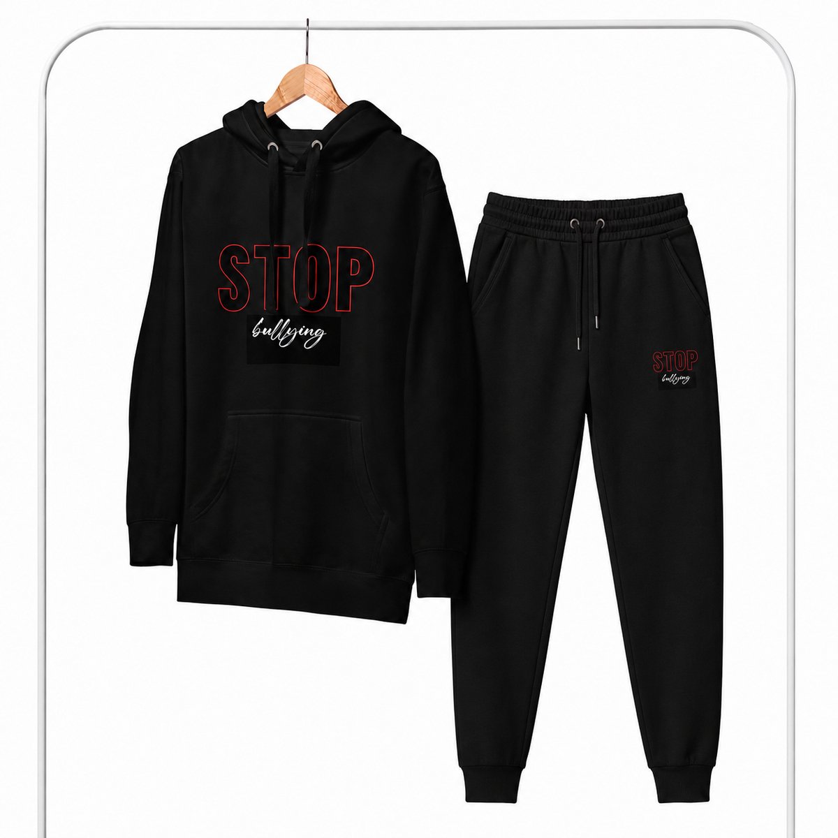 Trainingspak Heren – Hoodie Heren – Sportbroek Heren – STOP BULLYING – Katoen - Zwart - M