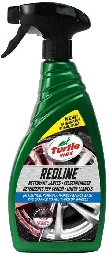 Bouteille verte de nettoyant pour jantes Turtle Wax Redline avec des jantes rouges et argentées sur l'étiquette. Avec le texte 'NEW! ELIMINATES BRAKE DUST' et 'COLOUR CHANGING FORMULA'.