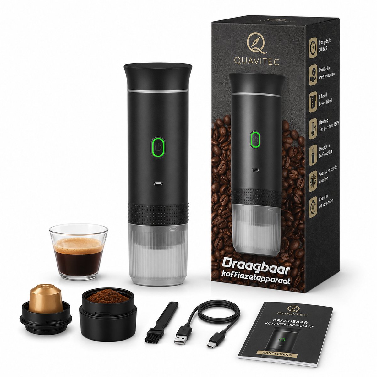 Quavitec Draagbaar Koffiezetapparaat - Draagbare Koffiemachine - Cups & Gemalen Koffie - Camping Espressomachine - USB Oplaadbaar - Espresso & Lungo Machine voor Onderweg en Reizen