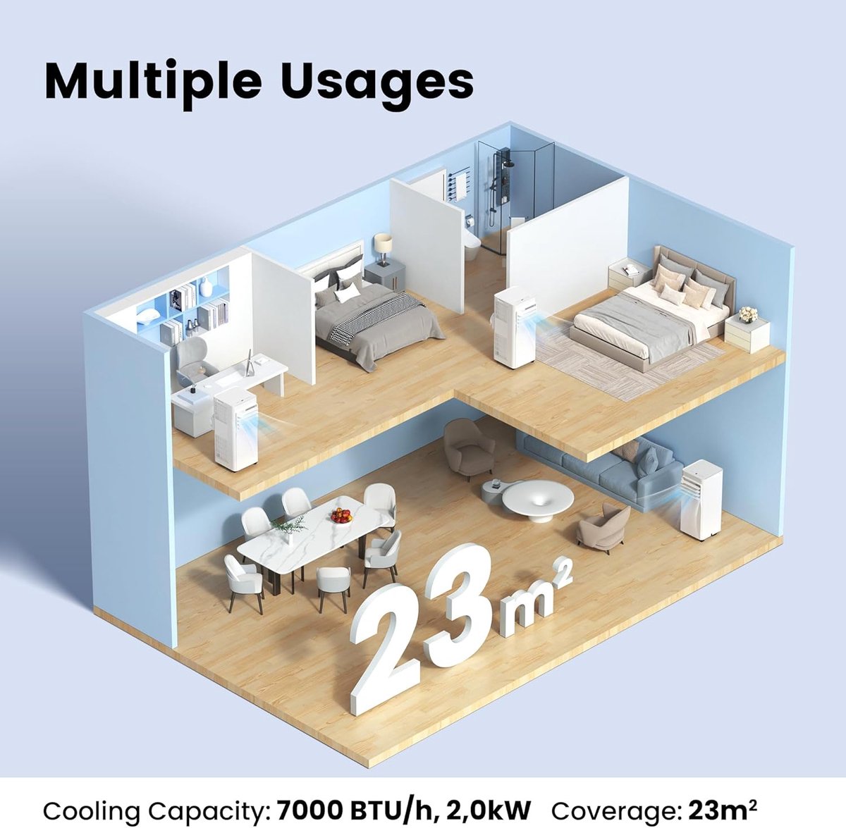 Mobiele airco 7000 BTU – 3-in-1 met appbediening, ontvochtiger en ventilator – 2,0 kW – Met afvoerslang – foto 6