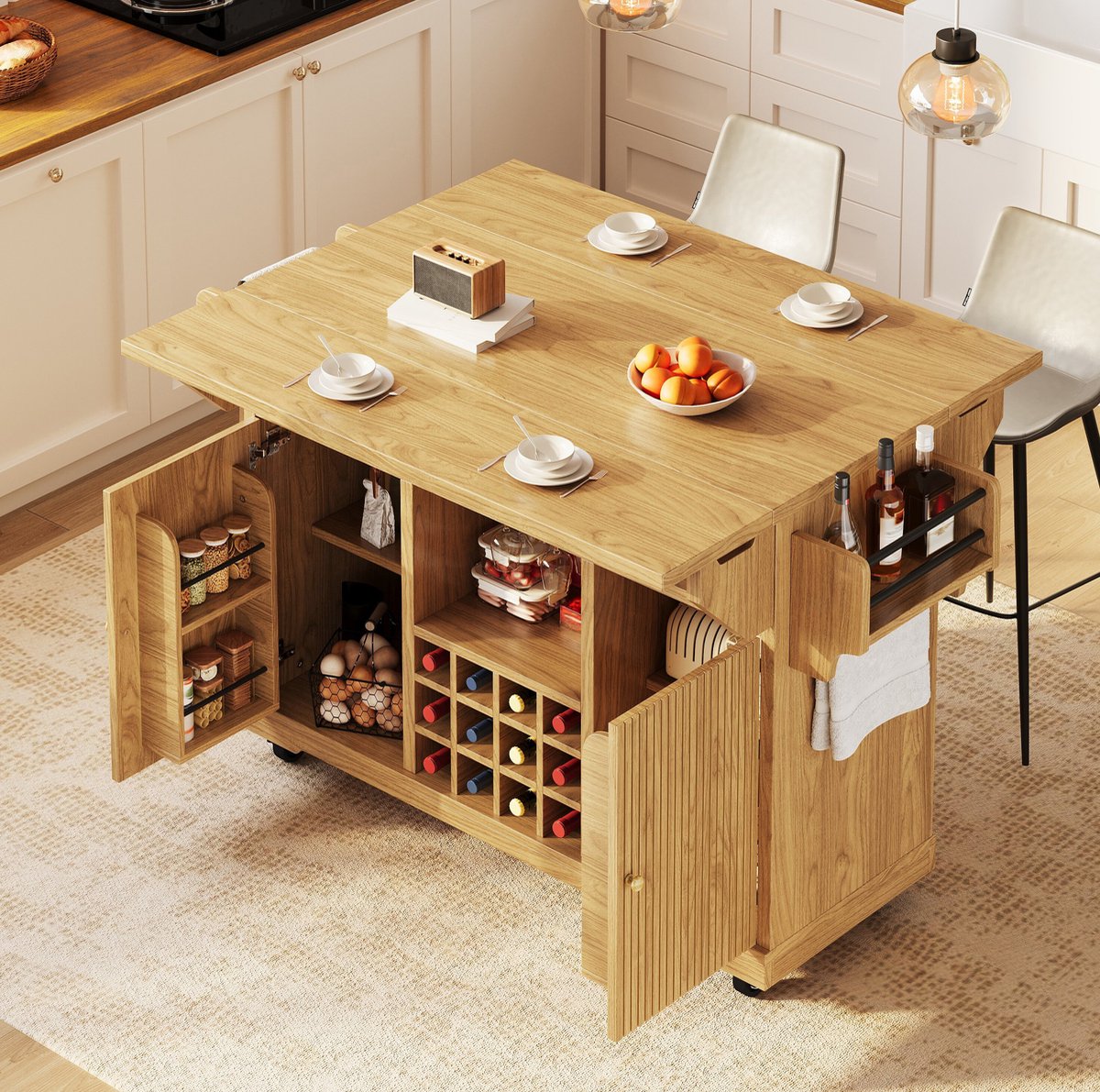 OKWISH Tafel - Multifunctionele Keukenrolwagen Met Opbergruimte - Uitklapbaar Voor Keuken En Eetkamer - MDF Naturel Houtkleur - 142,5 x 80 x 95 cm