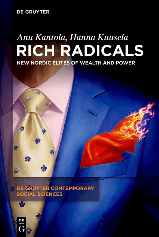 De kaft van het boek 'Rich Radicals' toont een detail van een blauw pak met een lichtgele das met blauwe bloemen en een oranje zakdoek die uit de borstzak steekt.