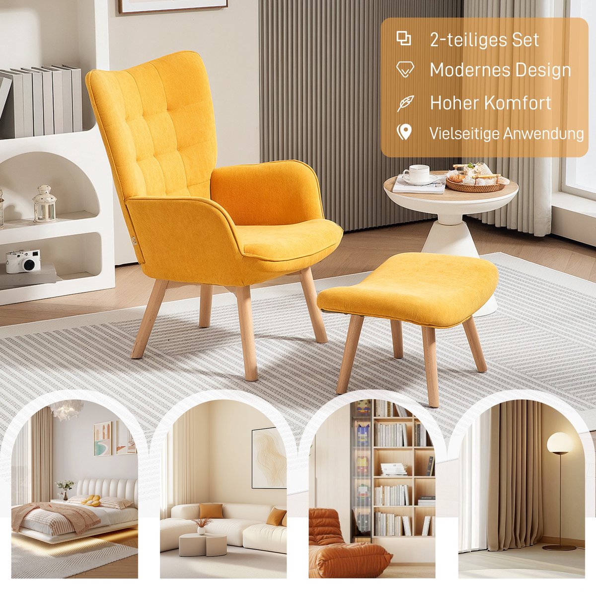 YYchan fauteuil met voetenbank - houtkleur - 72 x 80 x 101 cm