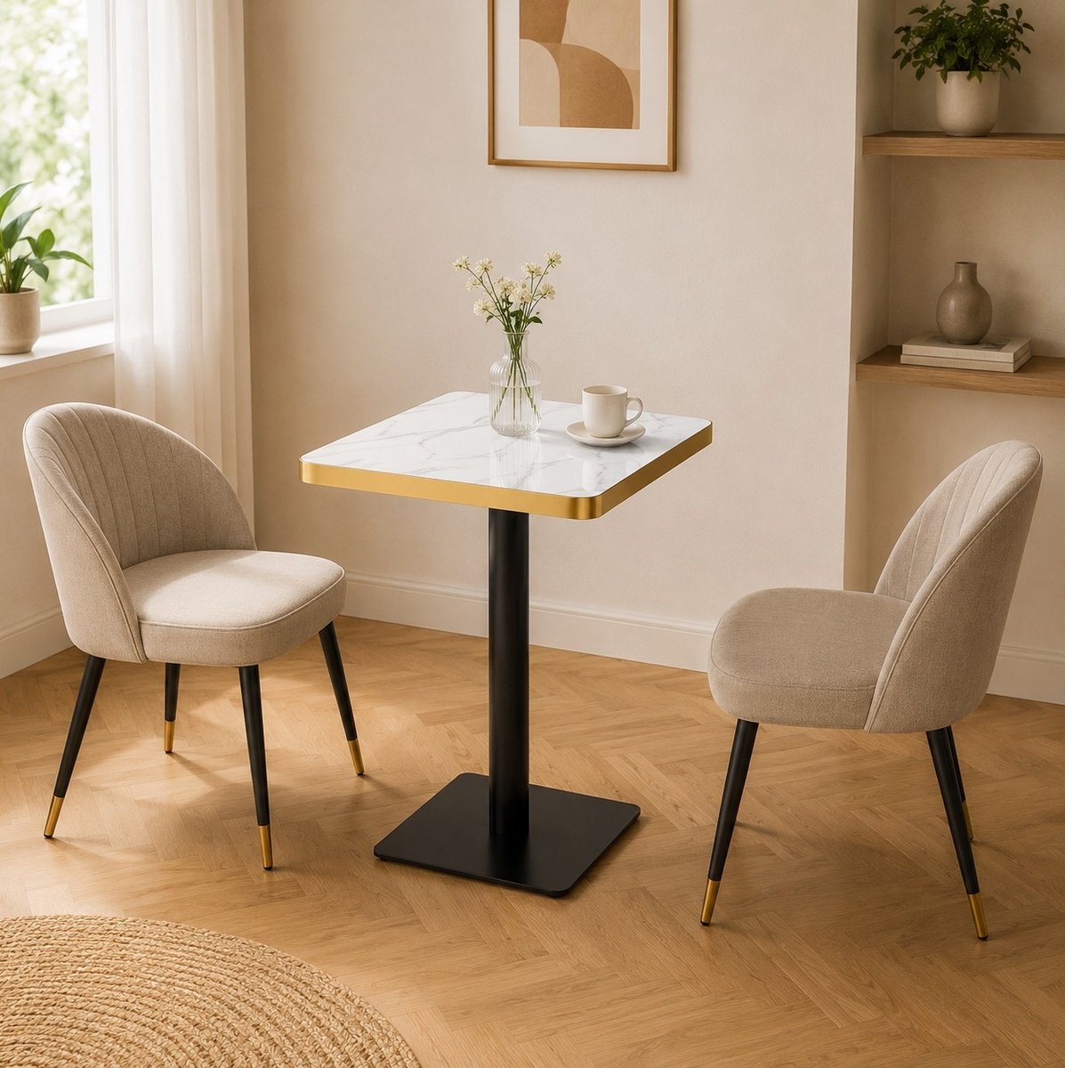 OKWISH Eettafel - Vierkante Tafel Met Marmerlook - 60 x 60 x 74 cm - Voor 2 Tot 4 Personen - Modern MDF En Metaal Wit Goud Zwart