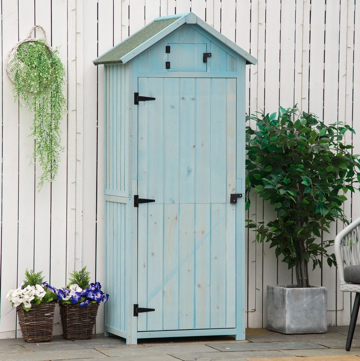 OKWISH Opbergkast - Gartenschrank Met Afneembare Hoekplanken En Openklapbaar Raam - 77 x 54,2 x 179 cm - Tuin En Terras - Hout Blauw Groen
