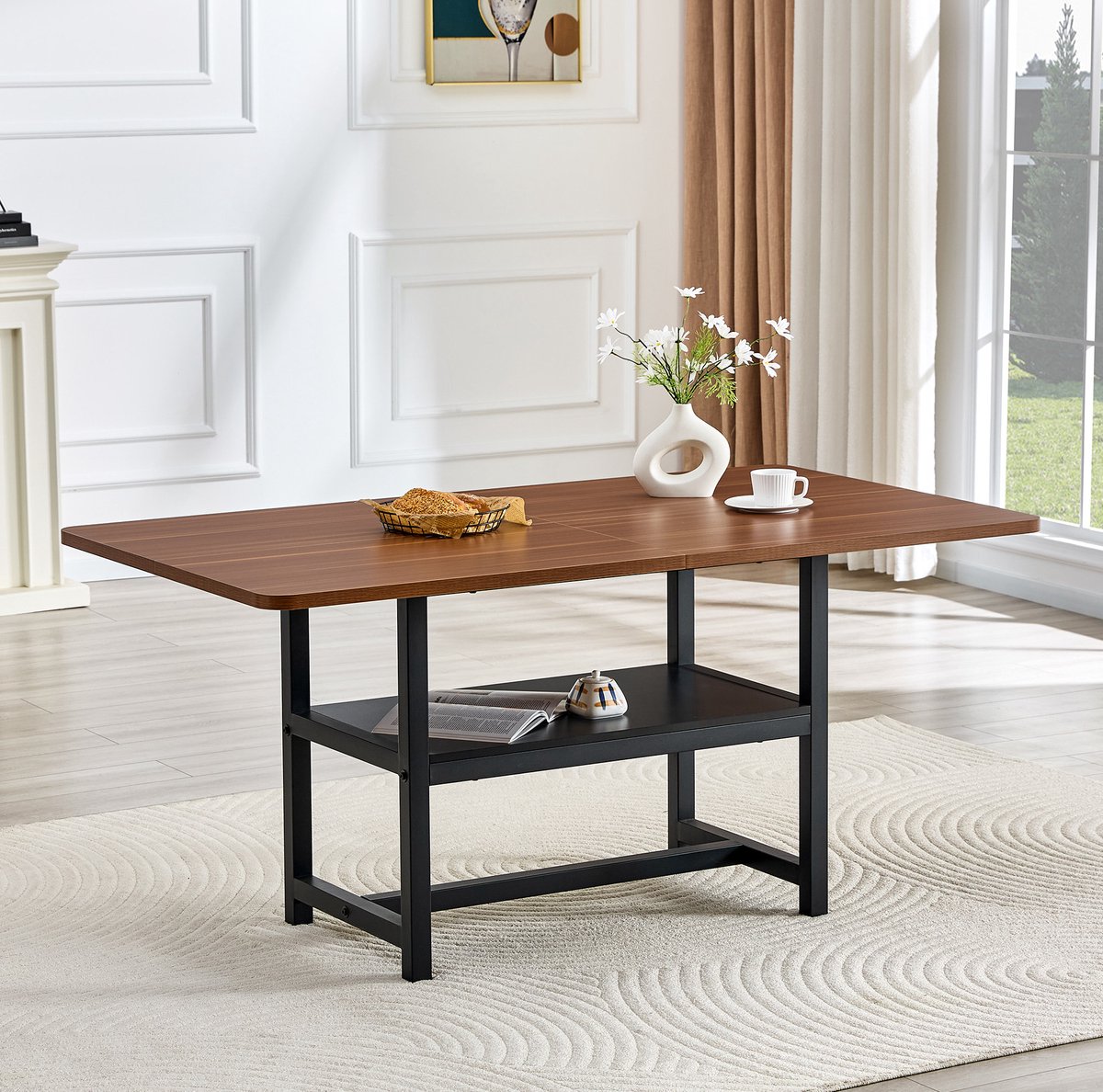 OKWISH Eettafel – Rechthoekig Industrieel Design – 160x90x76 cm – Voor 4 Tot 6 Personen – Met Opbergplank – MDF En Metaal – Zwart Walnootkleur