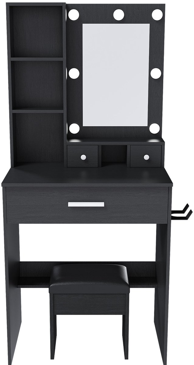 YYchan kaptafel - zwart - 60 x 38 x 131,5 cm - met opbergruimte - met LED-verlichting - met stopcontact