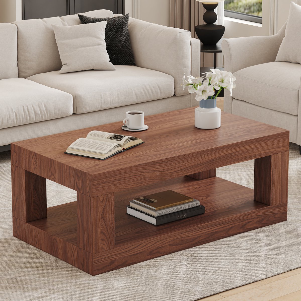 OKWISH Salontafel - Rechthoekig 2-Laags Ontwerp - Open Opbergvak Voor Woonkamer - MDF In Walnootkleur - 93 x 53 x 46 cm