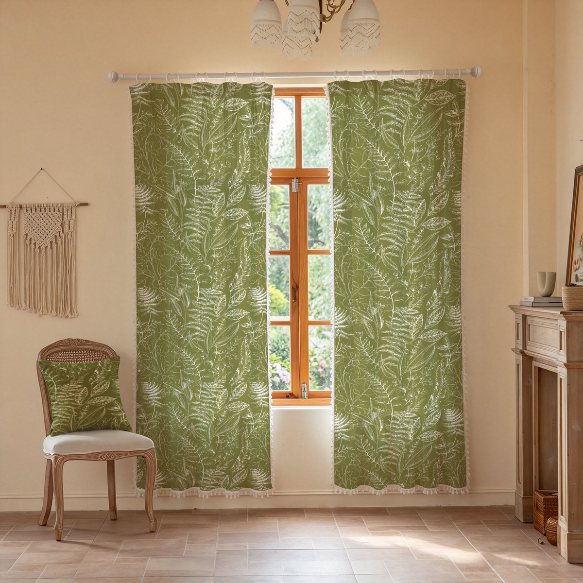 Boho-gordijnen van polyester in olijfgroen met varenprint en kwastjes, halfdoorzichtige, lichtfilterende gordijnen met botanisch motief,145x220cm