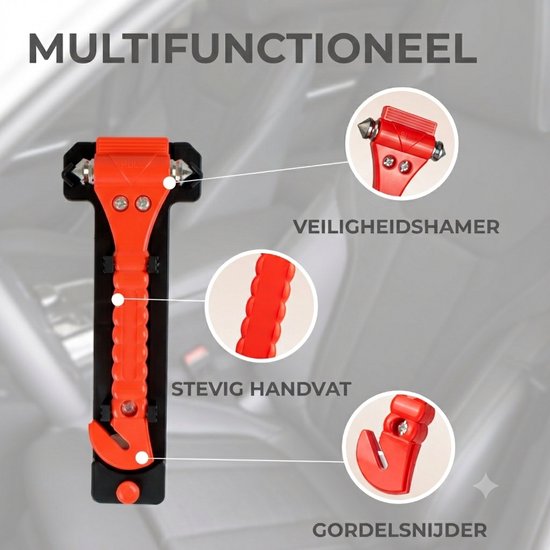 Gedetailleerde oranje veiligheidshamer met stevig handvat, veiligheidshamer en gordelsnijder.