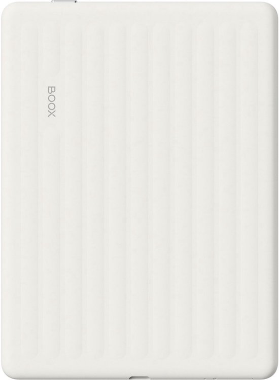 Achterkant van witte BOOX e-reader met verticaal ribbelpatroon en 'BOOX'-logo.