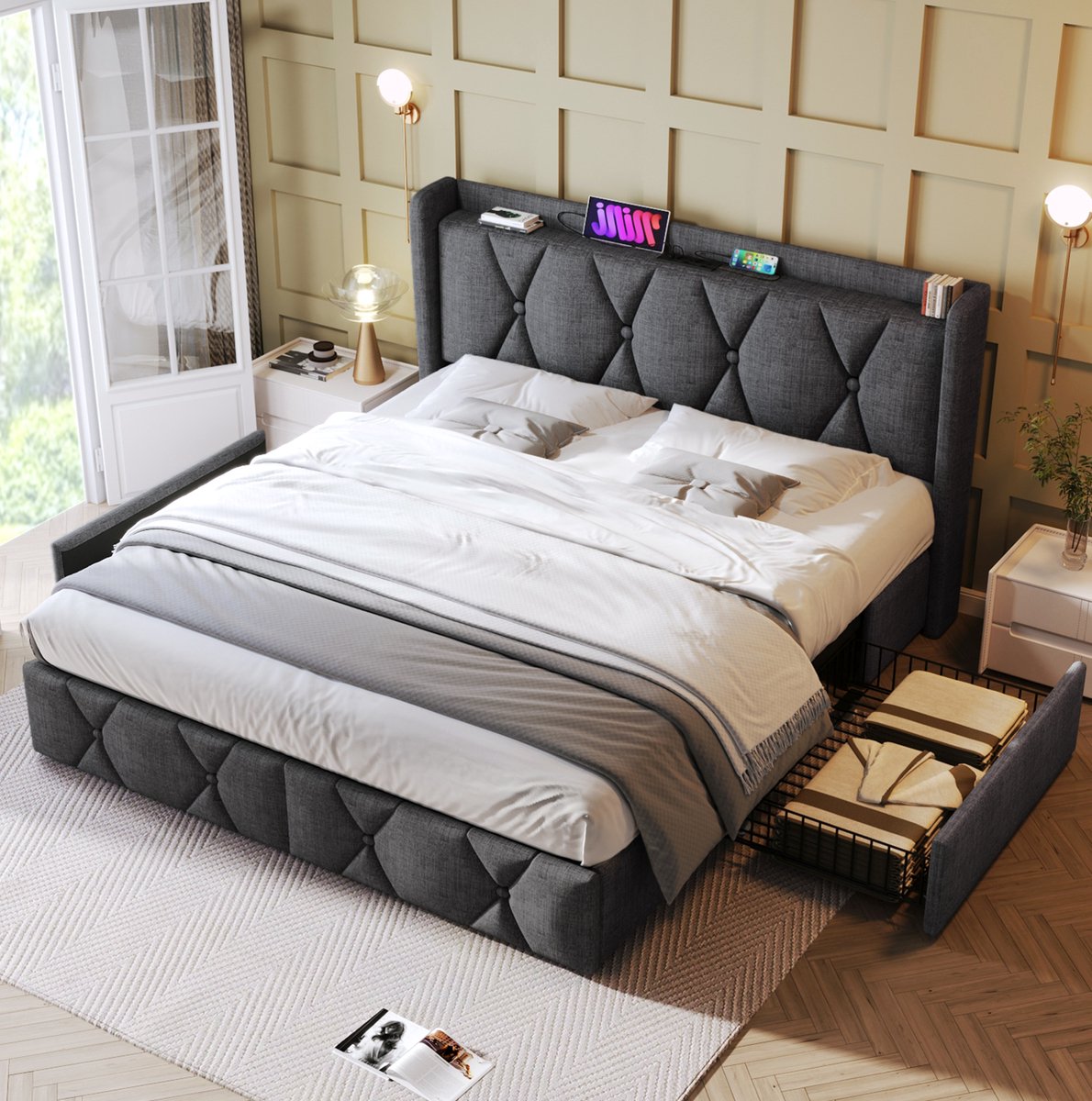 STILVORA Gestoffeerd Bed 160x200 cm – Tweepersoonsbed Met USB En Stopcontacten – 4 Lades Opbergruimte – Linnenlook – Grijs – Zonder Matras