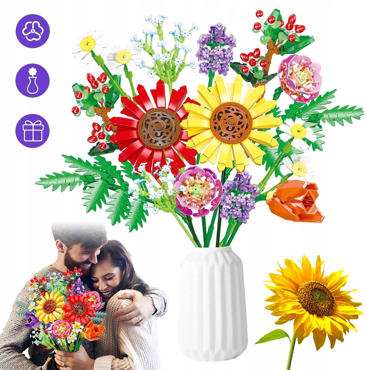 Boeket Bouwblokkenset Voor Een Duurzaam Doe-Het-Zelf Boeketdecoratie - 976 Onderdelen 8 Soorten 17 Bloemen - ABS-Materiaal Eenvoudig in Elkaar Te Zetten - Perfect Cadeau Voor Valentijnsdag Verjaardag En Jubileum