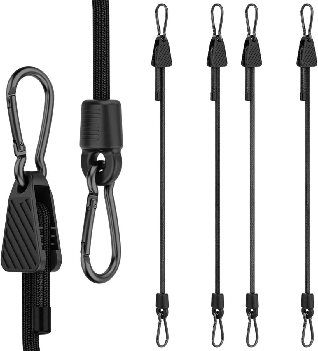 KZQ Set van 4 Verstelbare Spanrubbers met Haken 100 cm, Elastische Bevestigingstouwen voor Schaduwdoek Zeil Bagage Fiets, Geschikt voor Camping Tuin en Transport, Zwart