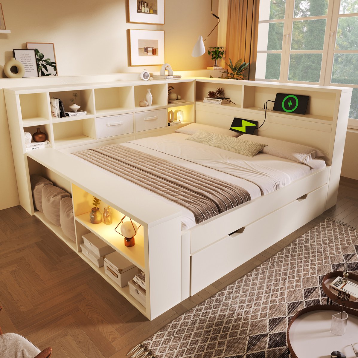 STILVORA Bed 140x200 cm - Uitschuifbaar Bed Met USB En Type-C Laadpunten - Opbergruimte Aan Drie Zijden - Zonder Matras - Hout - Wit