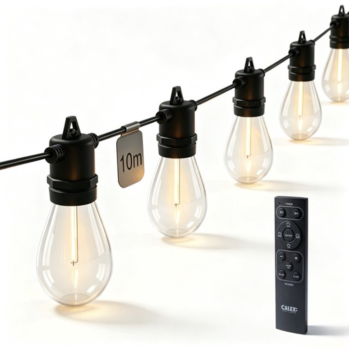 Calex Lichtsnoer 10 meter, LED Lichtslinger met 10 lampjes, Warm Wit Licht, Tuinverlichting, Waterdicht IP54, 110 Lumen, met Afstandbediening