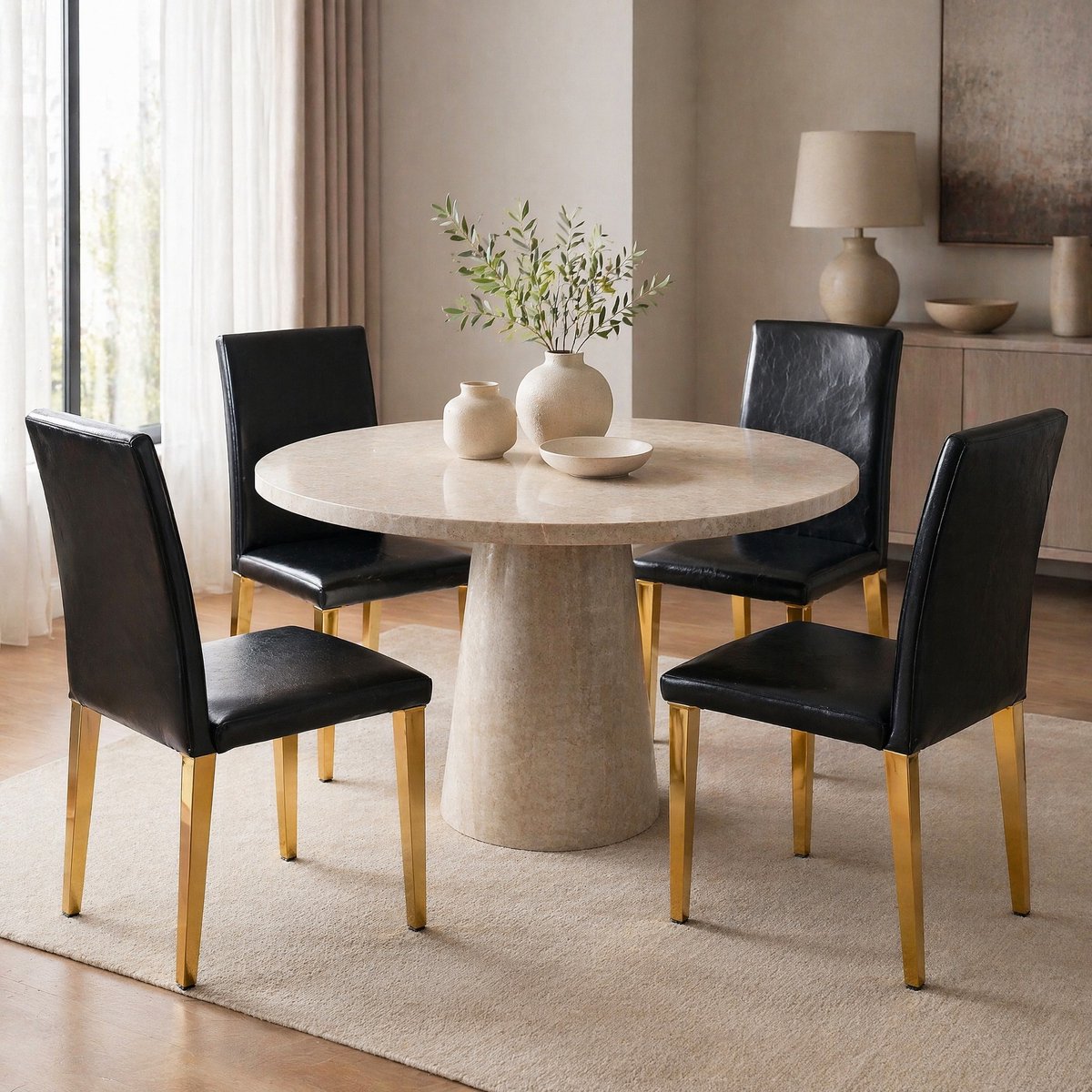 MEUNIQ 4-delige eetkamerstoelenset zwart-goud met metalen poten, gestoffeerde zitting, hoge rugleuning en modern minimalistisch design voor eetkamer en woonkamer Black