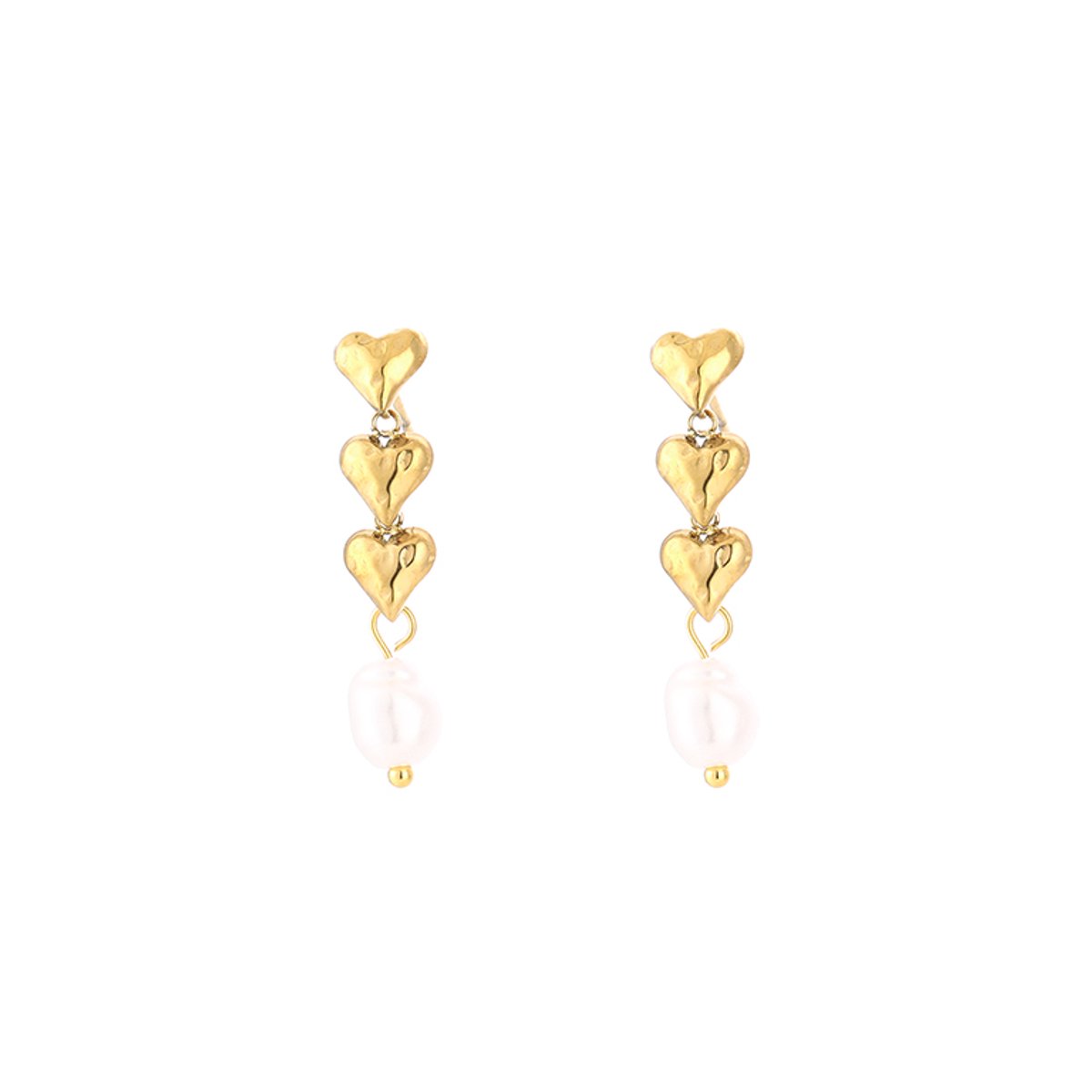 Stainless Steel Heart Cascade Pearl Drop Earrings – Luxe Hartjes Oorhangers met Parel 3 cm – RVS - Goud