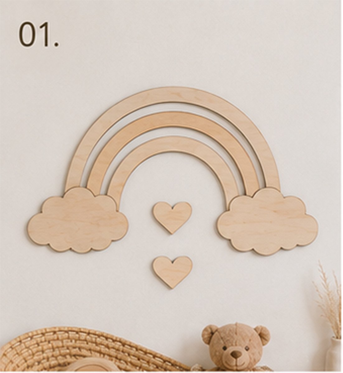 Model 01 – Houten Regenboog Wanddecoratie met Hartjes | Babykamer | Boho Nursery/ kinderkamer/ wolken muur decoratie