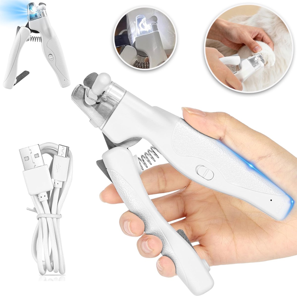 USB Oplaadbare Nagelknipper Voor Huisdieren Met Licht En Ingebouwde Opvangbak - Ergonomisch Veiligheidsvergrendeling 150 mAh - Snel En Schoon Knippen Voor Honden En Katten - Wit