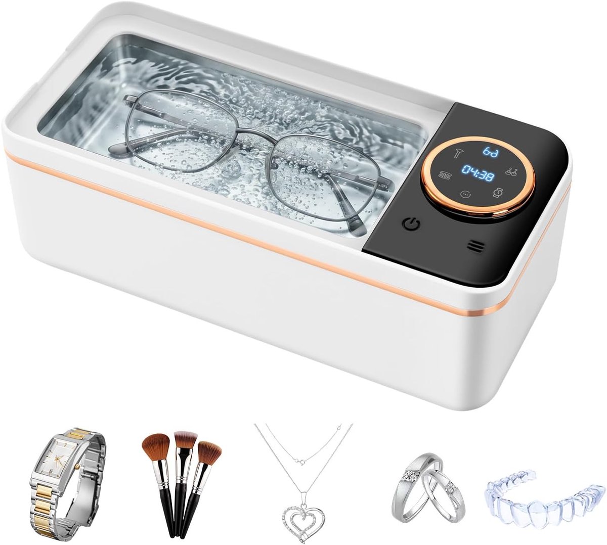 Ultrasoonreiniger – 450 ml ultrasone brilreiniger – 55kHz ultrasone sieradenreiniger met 6 tijdinstellingen – dieptereiniging van kunstgebitten, brillen, munten, sieraden en horloges.