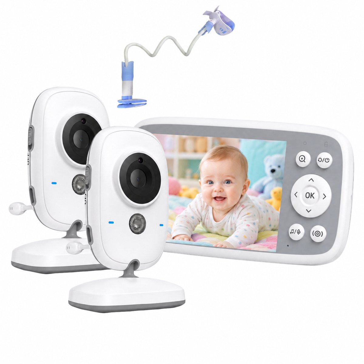 BOIFUN Babyfoon met 2 Camera’s – 4 inch 720P Scherm – Zonder Wifi – Nachtzicht – 10 uur Accuduur – Terugspreekfunctie – VOX – Temperatuursensor – 3× Zoom – Slaapliedjes – Wit - Inclusief Flexibele Houders