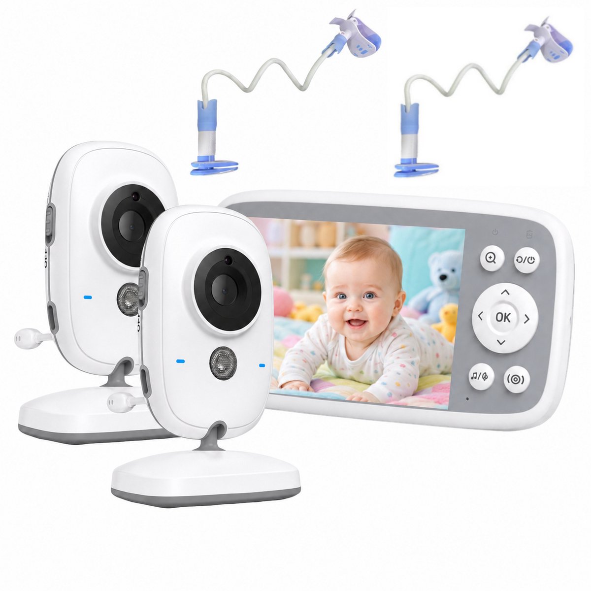 BOIFUN Babyfoon met 2 Camera’s – 4 inch 720P Scherm – Zonder Wifi – Nachtzicht – 10 uur Accuduur – Terugspreekfunctie – VOX – Temperatuursensor – 3× Zoom – Slaapliedjes – Wit - Inclusief 2* Flexibele Houders