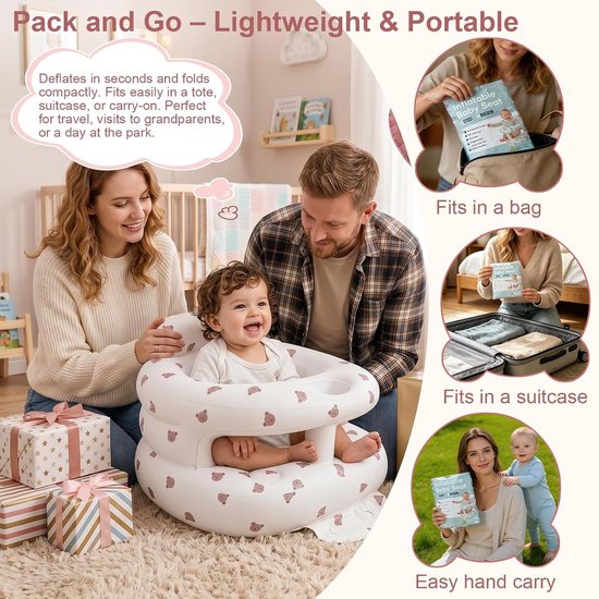 Opblaasbaar babyzitje voor baby's van 3-36 maanden – Babystoel met veiligheidsrand en ingebouwde luchtpomp – Opblaasbaar vloerzitje met rugsteun – Ideaal voor thuis en op reis - Kleine Beer (Groot formaat) — afbeelding 2