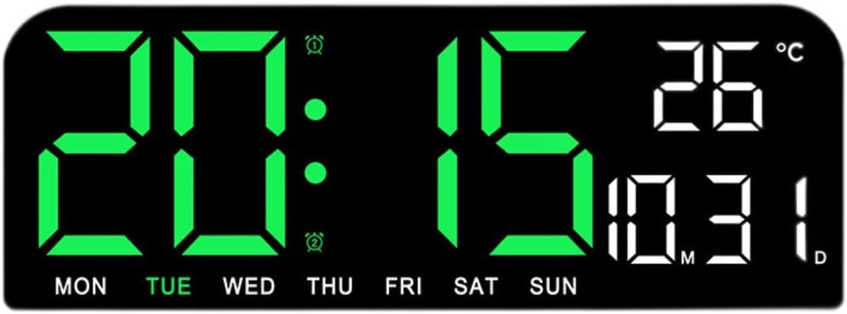 KZQ Grote Digitale Wandklok Met Helder Display Luid Alarm Datum en Weekdag Voor Thuis Kantoor Studiekamer Groen